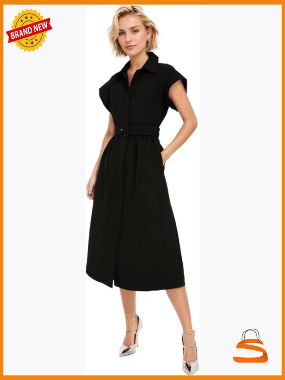 Short Wing Sleeve Button Down Midi Shirt Dress with Belt
